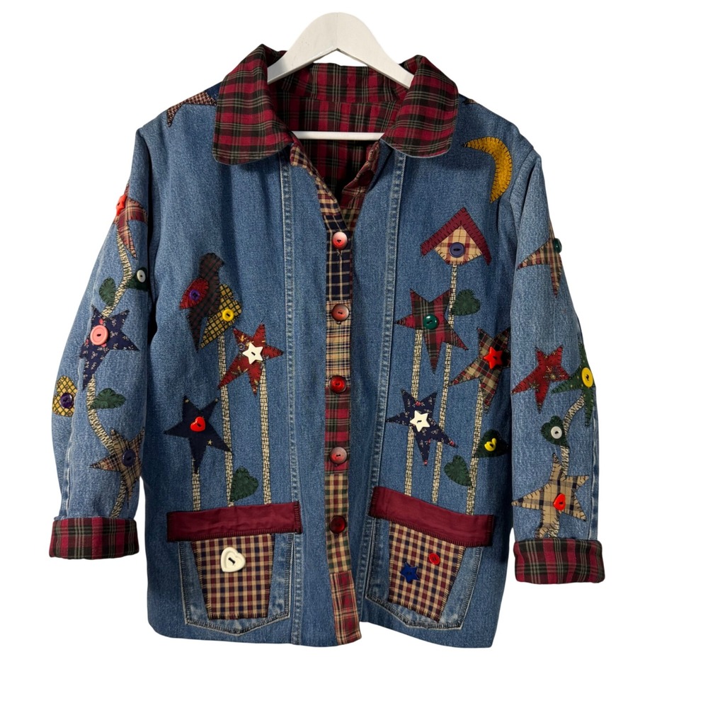 Handmade Denim Patchwork Coat Women's Medium Folk Art Appliqué Jacket